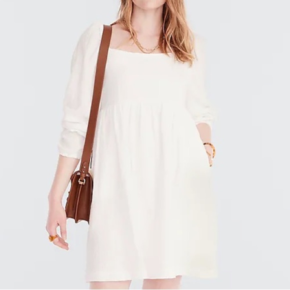 J Crew‎ New long sleeve Squareneck soft gauze babydoll mini dress in white